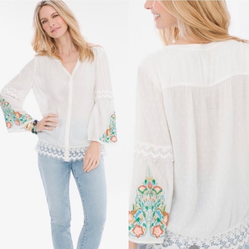 Chicos Women's Lace Swiss Dot Embroidered Blouse with Floral Accents